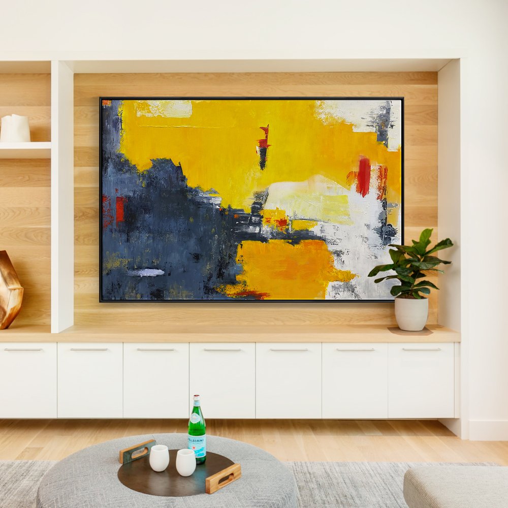 Abstract Yellow and Blue Oil Painting - Contemporary Wall Art for Modern Decor