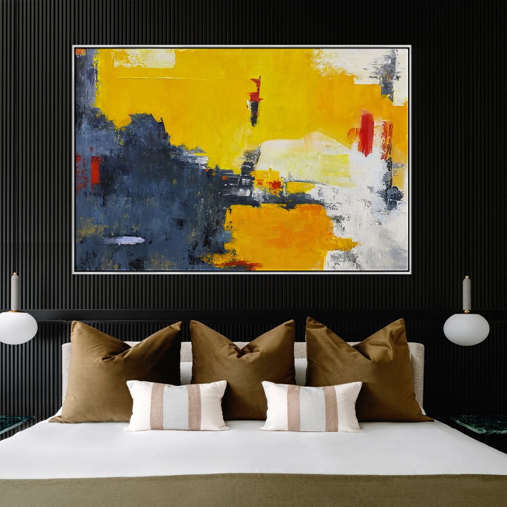 Abstract Yellow and Blue Oil Painting - Contemporary Wall Art for Modern Decor