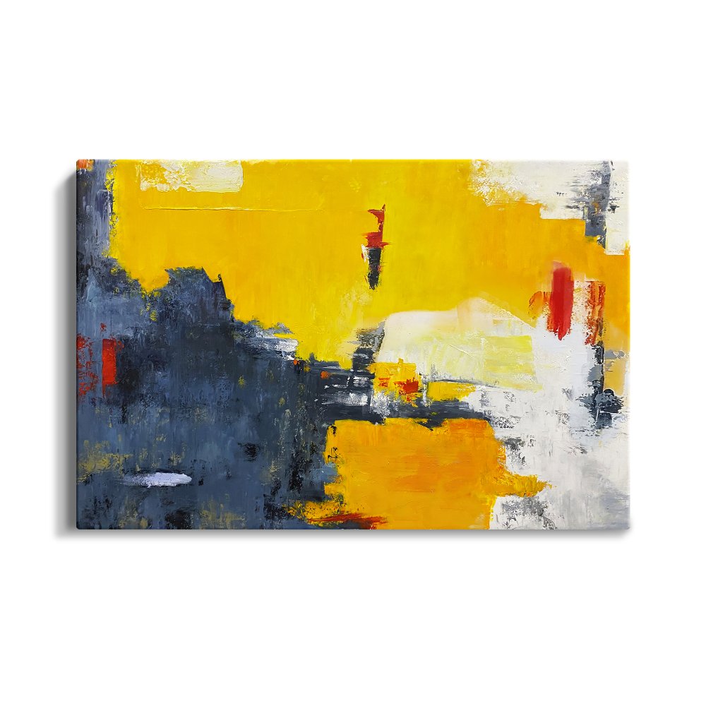 Abstract Yellow and Blue Oil Painting - Contemporary Wall Art for Modern Decor