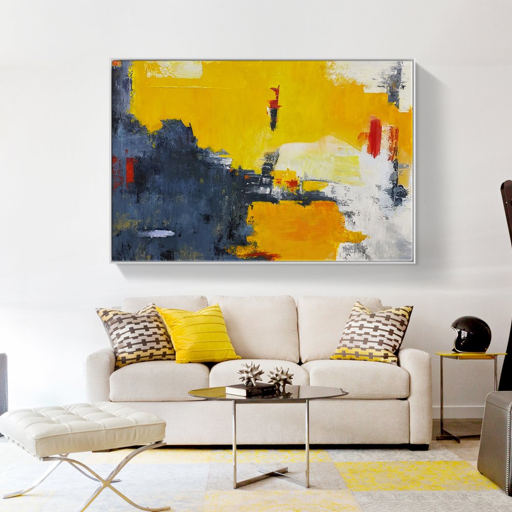 Abstract Yellow and Blue Oil Painting - Contemporary Wall Art for Modern Decor