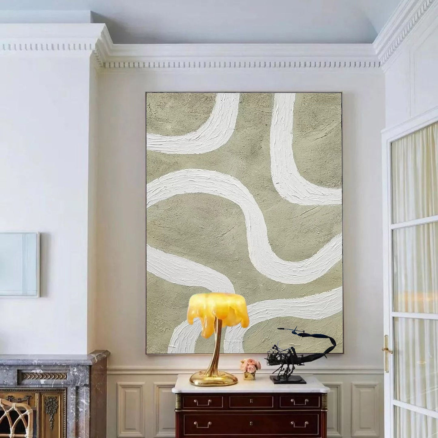 Modern Minimalist Line Art Painting with Abstract White Curves on Earthy Background