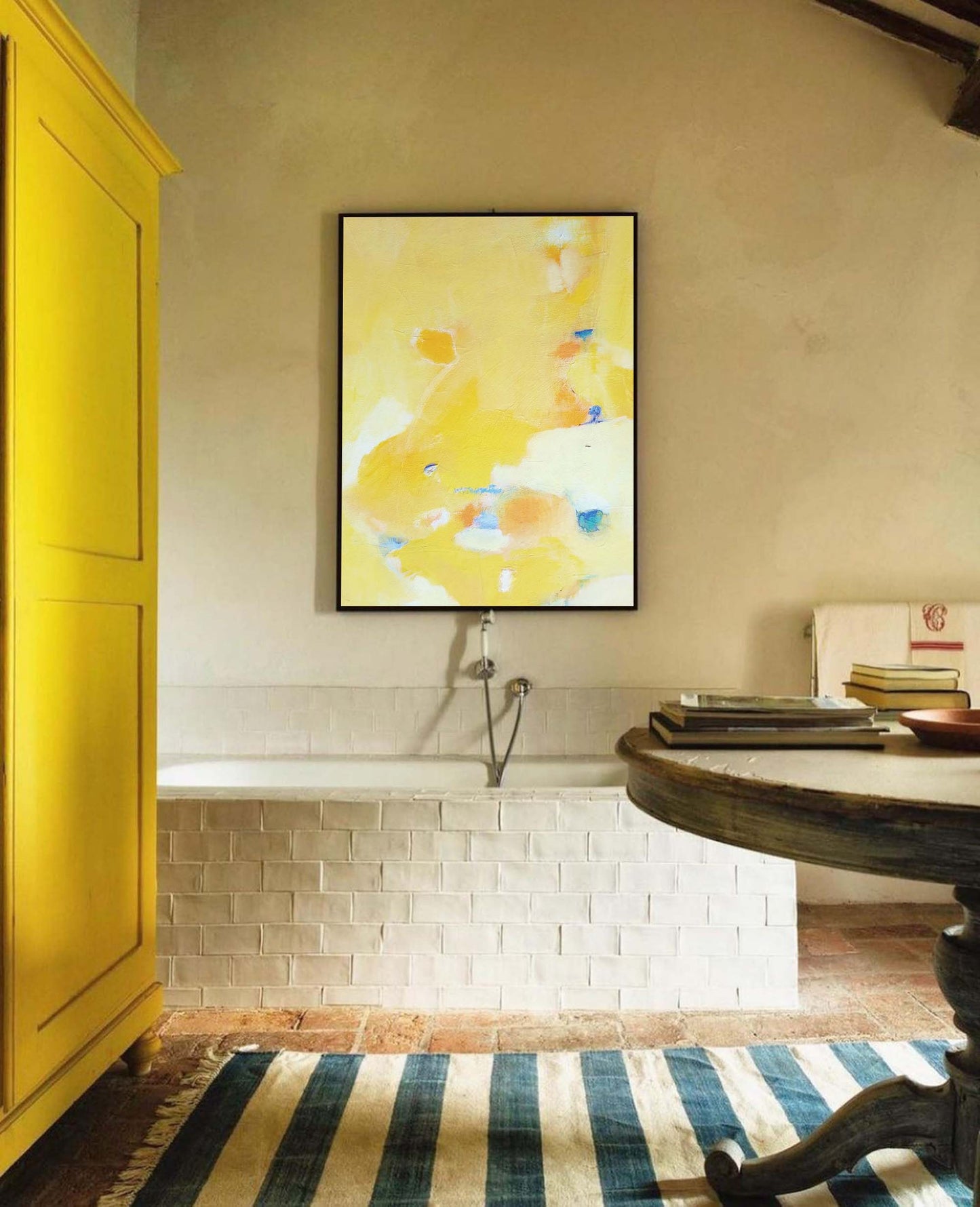 Bright Yellow Abstract Oil Painting for Modern Minimalist Home Decor