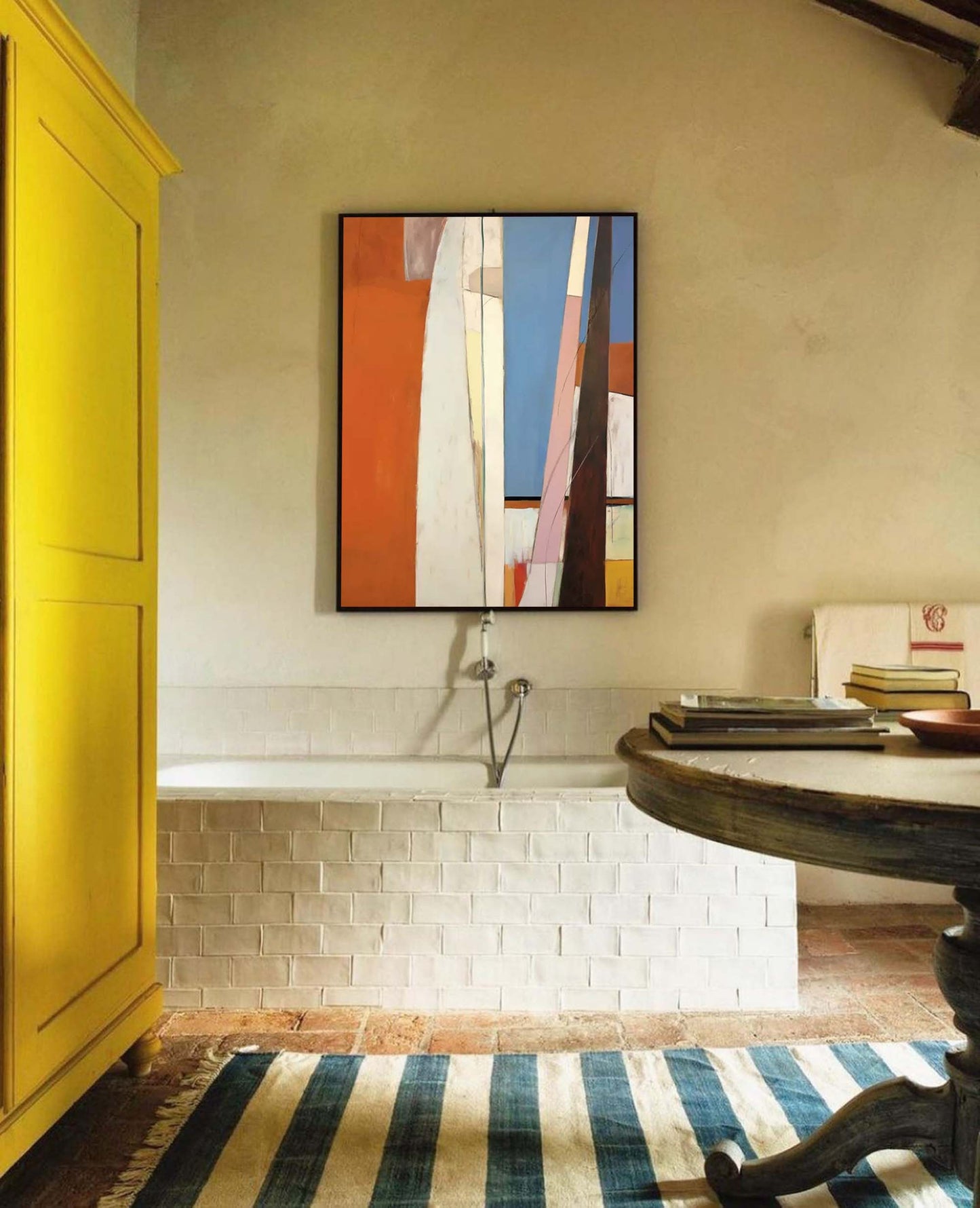Modern Abstract Oil Painting with Vibrant Colors and Geometric Shapes
