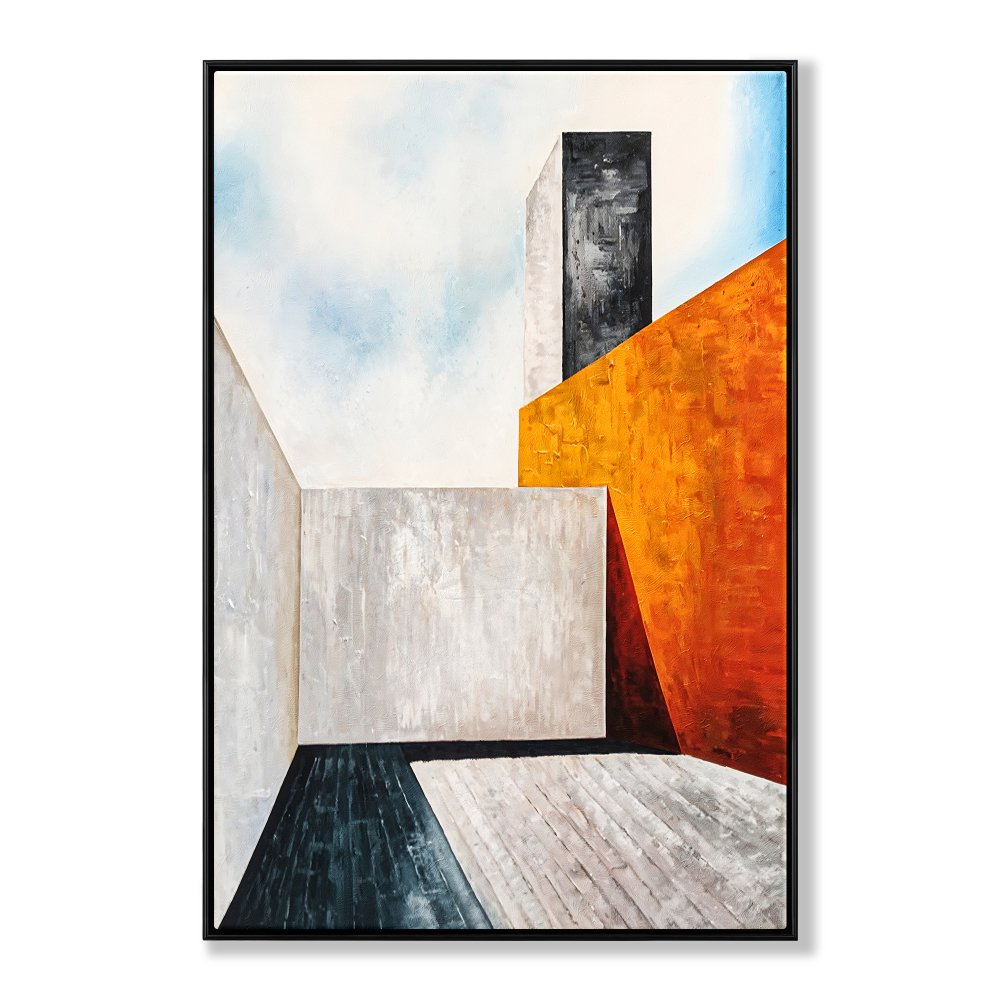 Modern Abstract Oil Painting of Geometric Shapes and Vibrant Colors