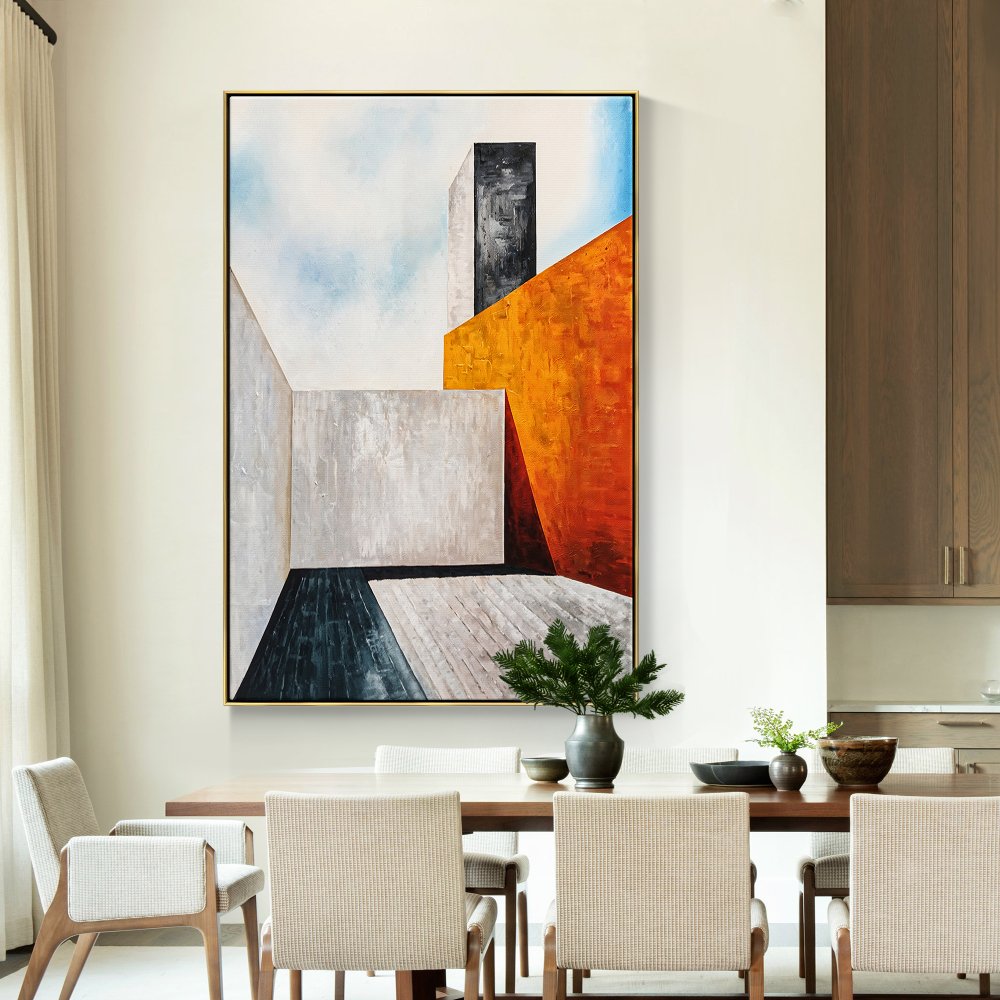 Modern Abstract Oil Painting of Geometric Shapes and Vibrant Colors