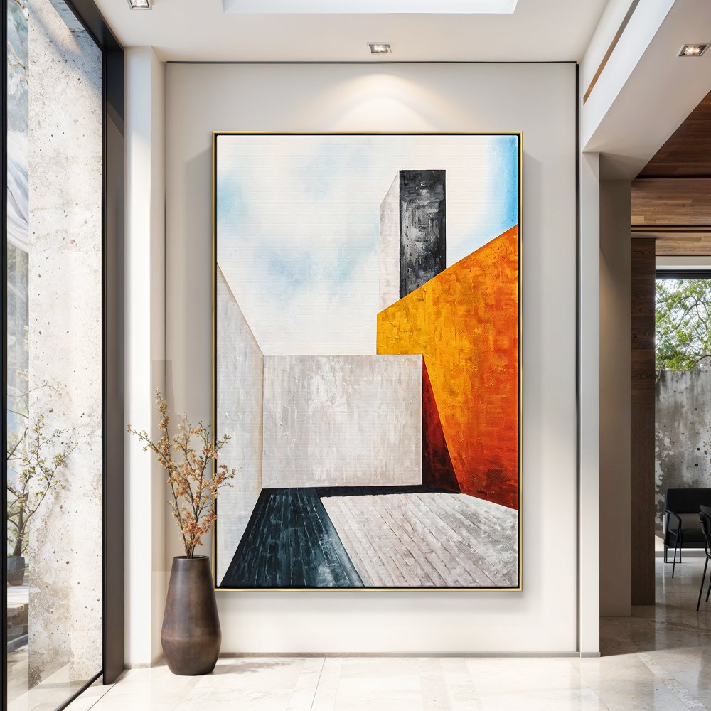 Modern Abstract Oil Painting of Geometric Shapes and Vibrant Colors