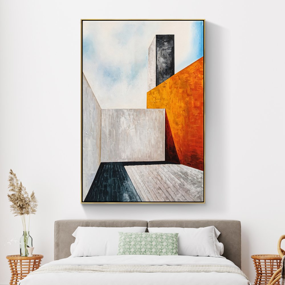Modern Abstract Oil Painting of Geometric Shapes and Vibrant Colors