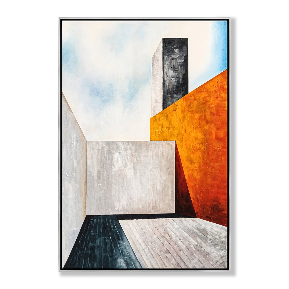 Modern Abstract Oil Painting of Geometric Shapes and Vibrant Colors