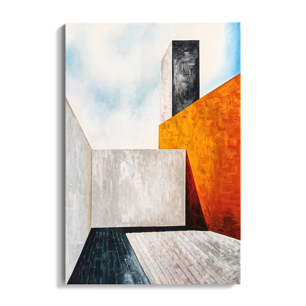 Modern Abstract Oil Painting of Geometric Shapes and Vibrant Colors