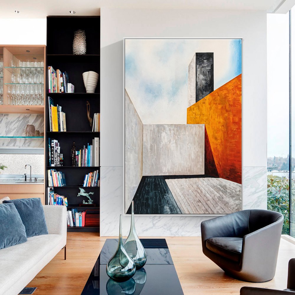 Modern Abstract Oil Painting of Geometric Shapes and Vibrant Colors