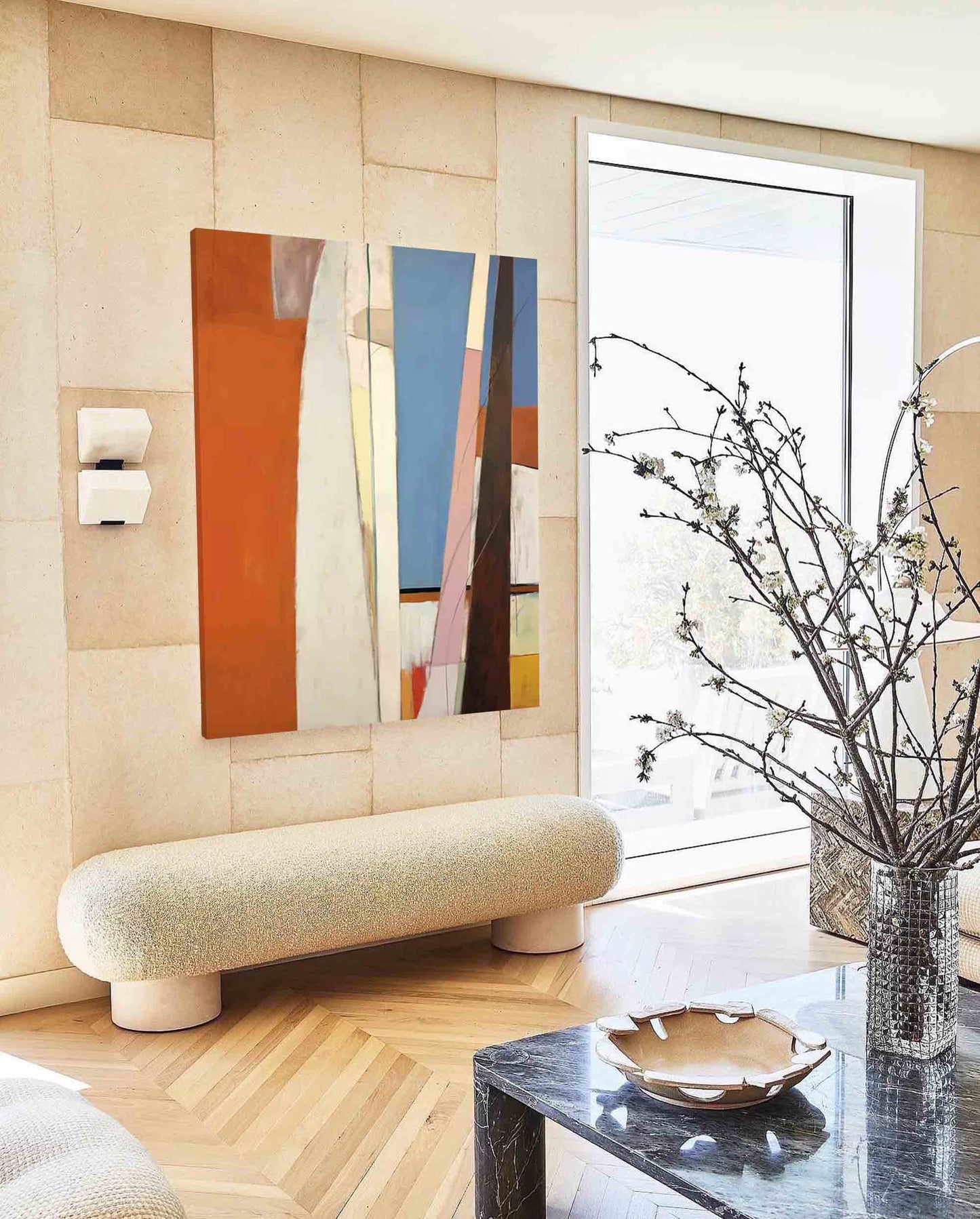 Modern Abstract Oil Painting with Vibrant Colors and Geometric Shapes