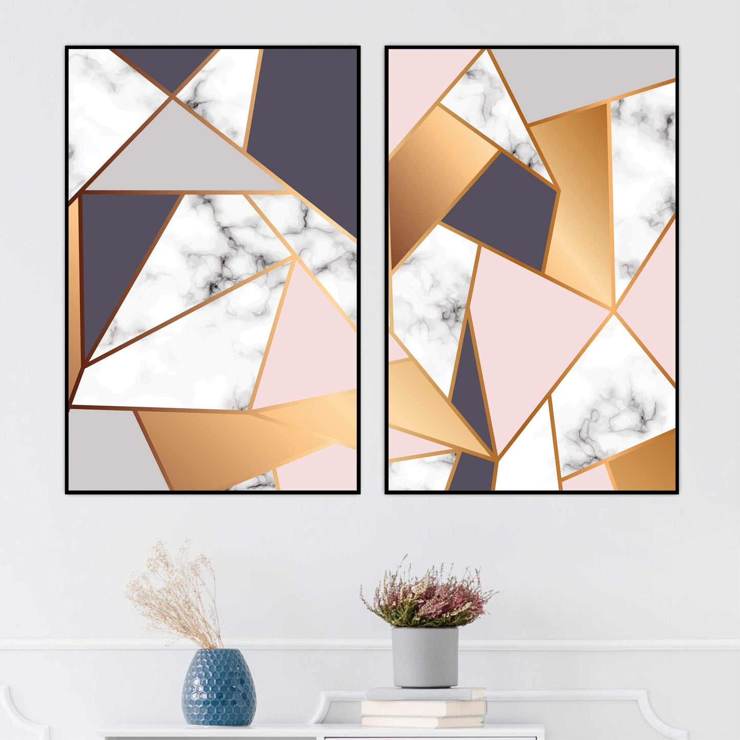 Elegant Marble Geometric Wall Art – Modern Gold and White Oil Painting