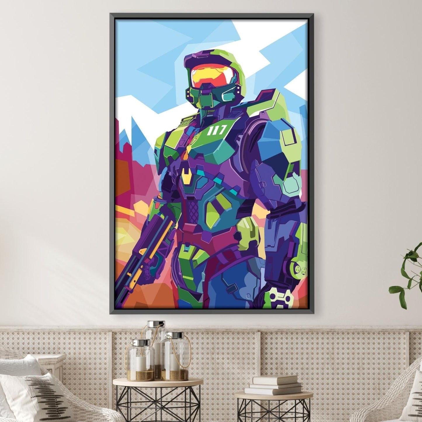 Vibrant Master Chief Oil Painting for Gaming Enthusiasts and Art Collectors