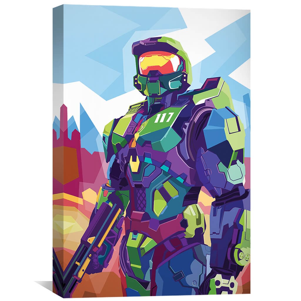 Vibrant Master Chief Oil Painting for Gaming Enthusiasts and Art Collectors