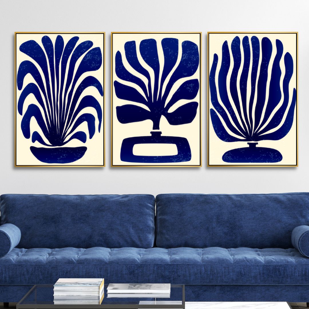 Contemporary Blue Botanical Abstract Oil Painting for Modern Interiors