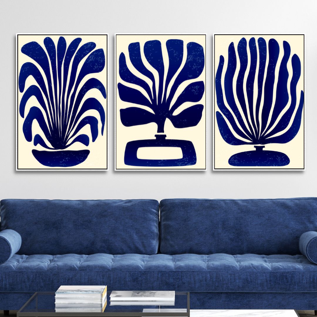 Contemporary Blue Botanical Abstract Oil Painting for Modern Interiors
