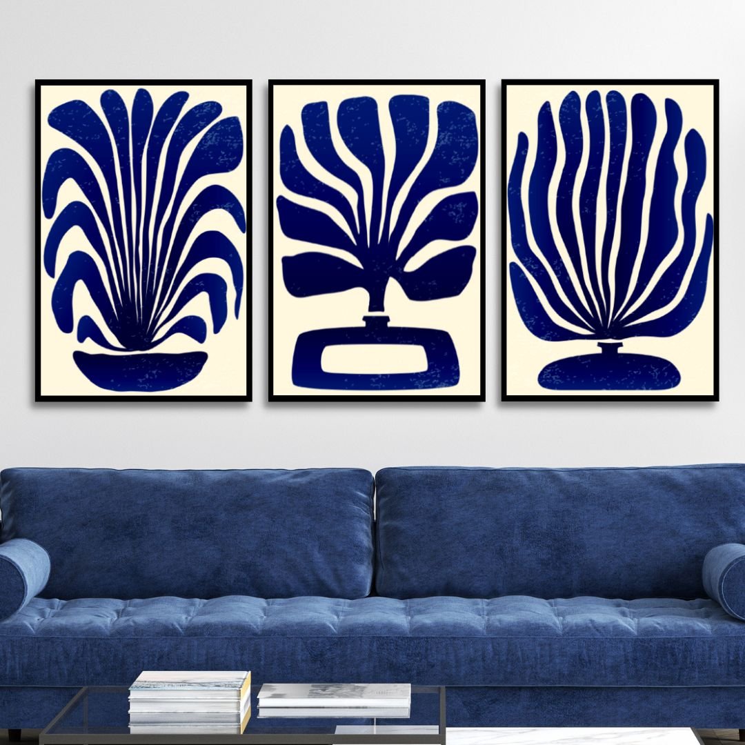 Contemporary Blue Botanical Abstract Oil Painting for Modern Interiors