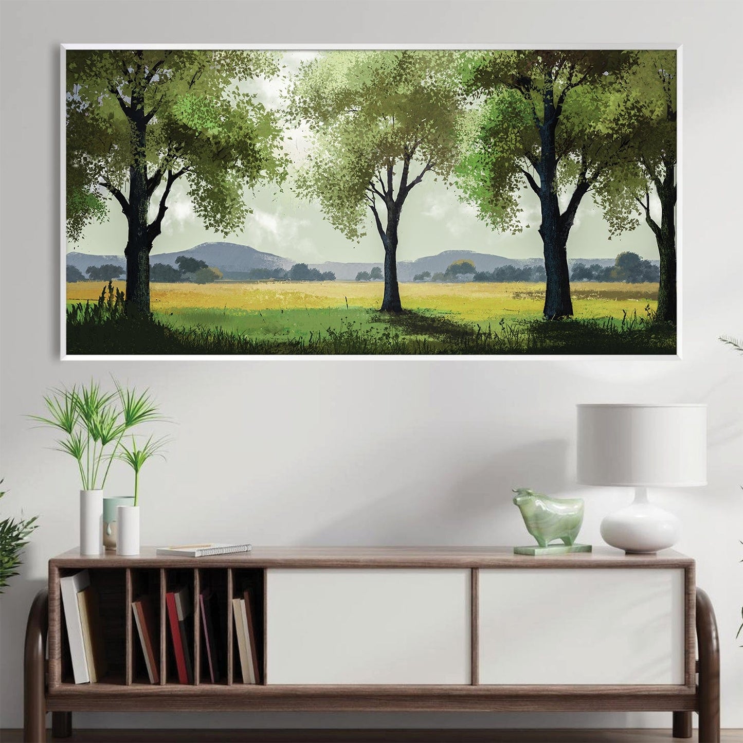 Tranquil Meadow Landscape Oil Painting with Lush Green Trees and Open Fields