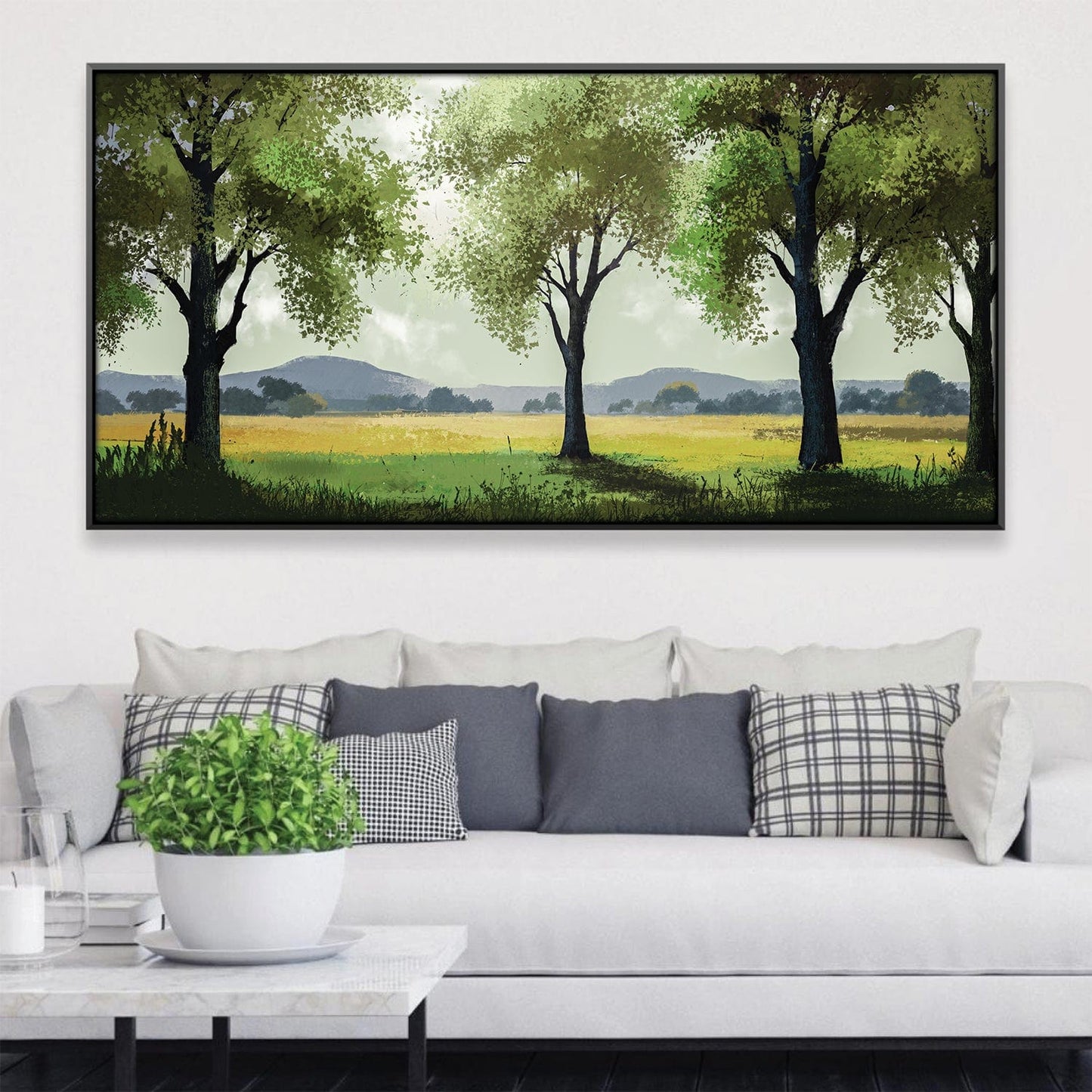 Tranquil Meadow Landscape Oil Painting with Lush Green Trees and Open Fields