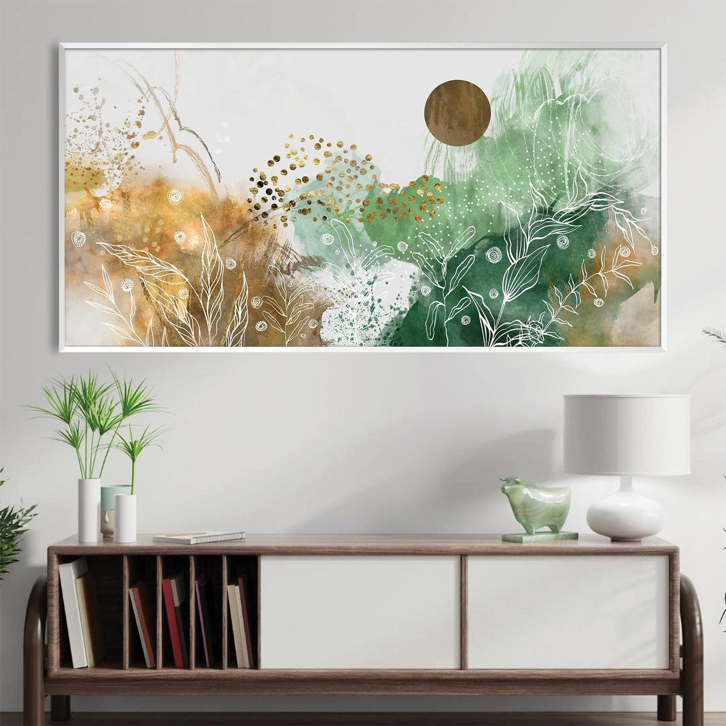 Abstract Meadow Oil Painting with Earthy Greens and Gold Accents for Contemporary Decor