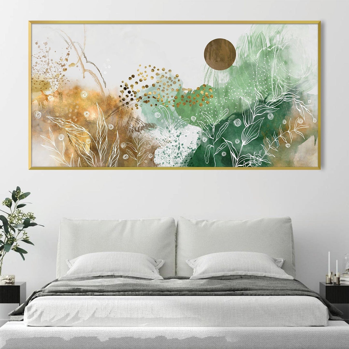 Abstract Meadow Oil Painting with Earthy Greens and Gold Accents for Contemporary Decor
