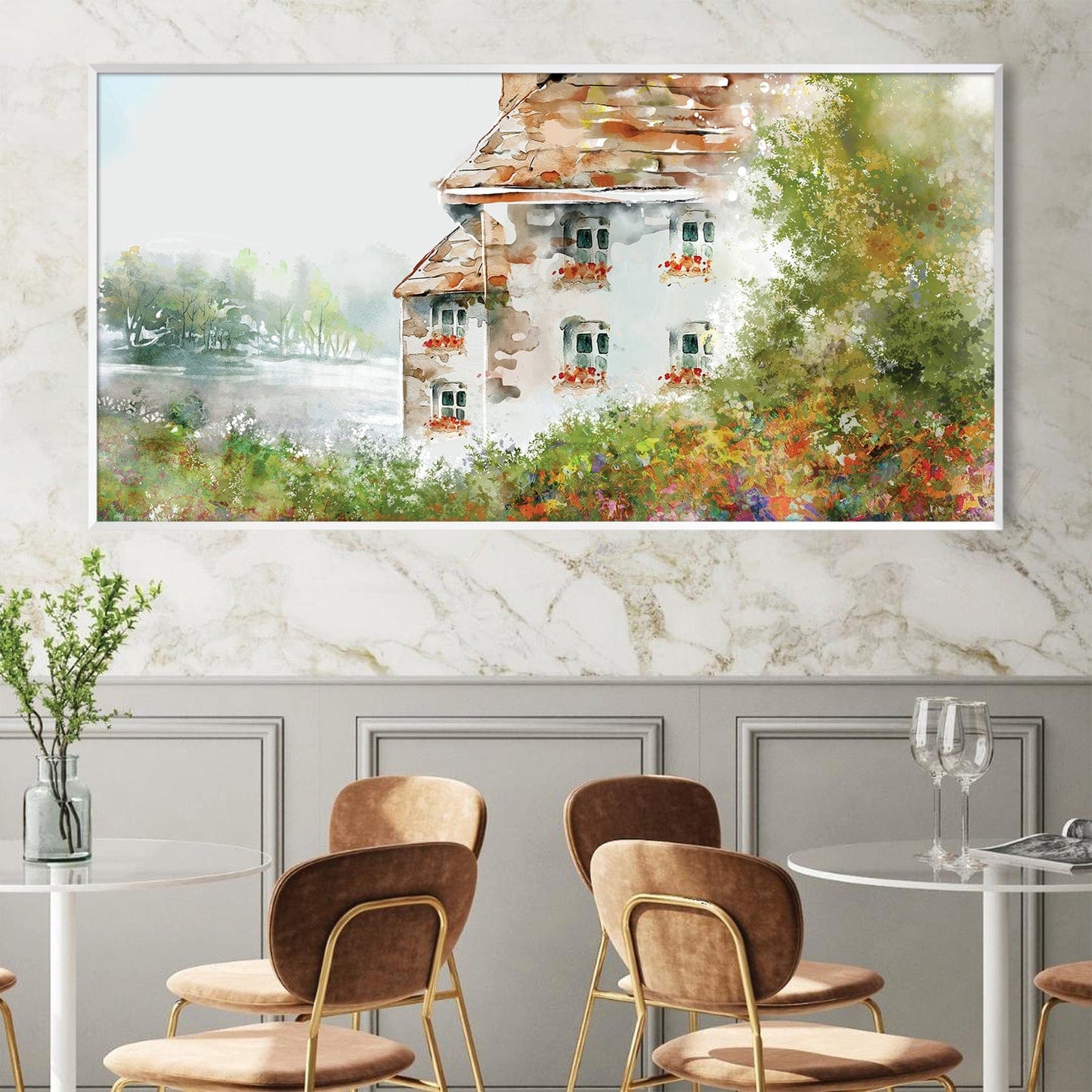 Charming Meadowside Cottage Landscape Oil Painting for Home Decor
