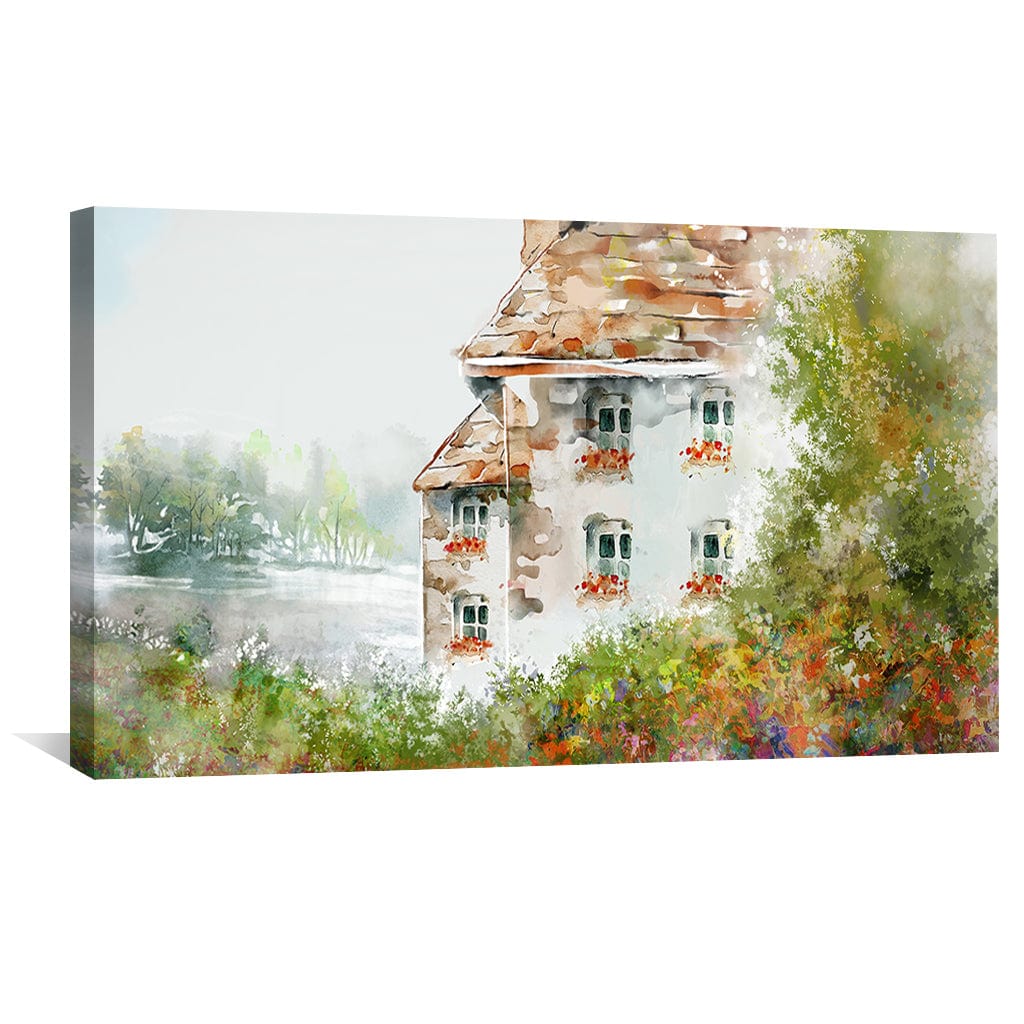 Charming Meadowside Cottage Landscape Oil Painting for Home Decor