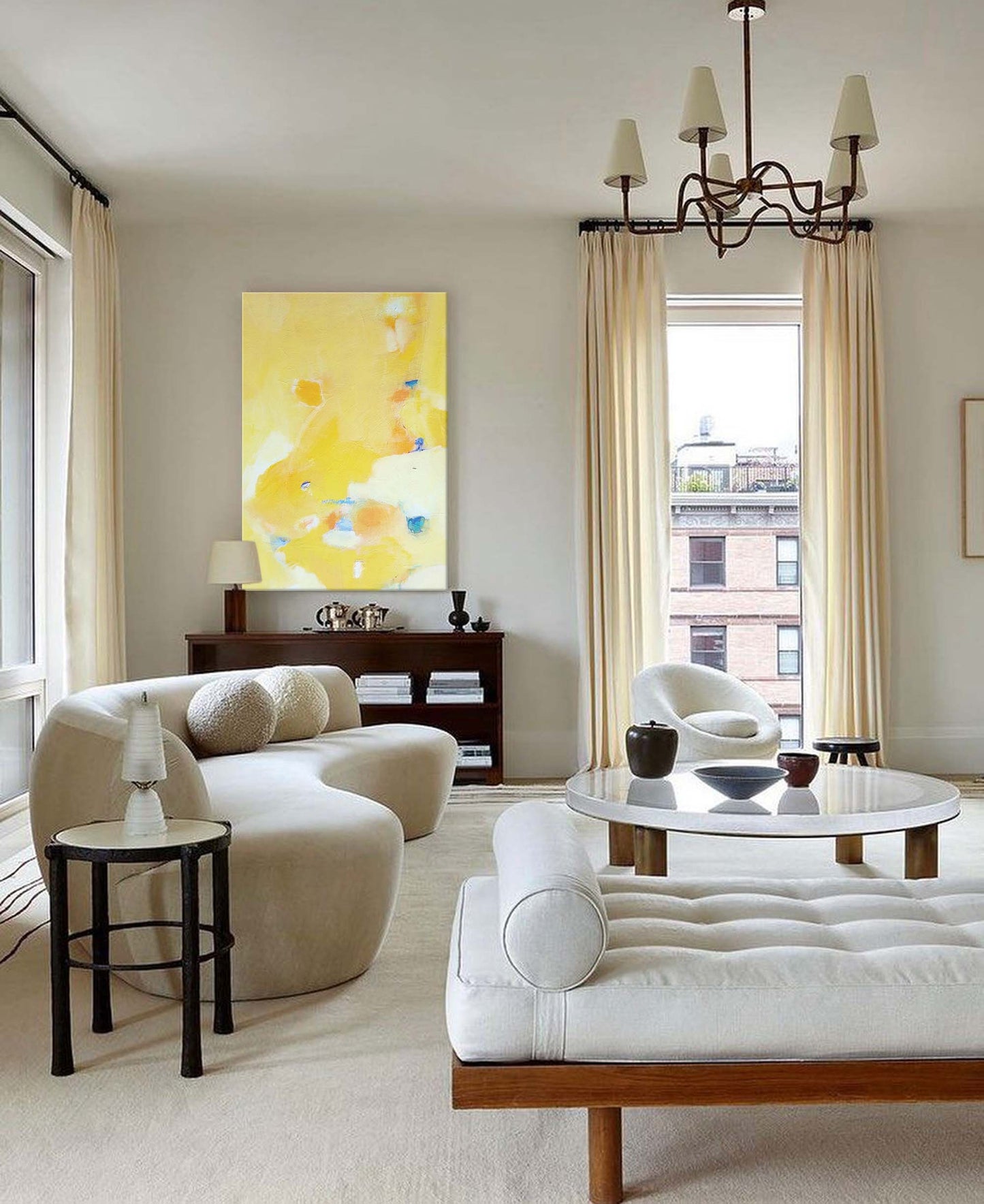 Bright Yellow Abstract Oil Painting for Modern Minimalist Home Decor