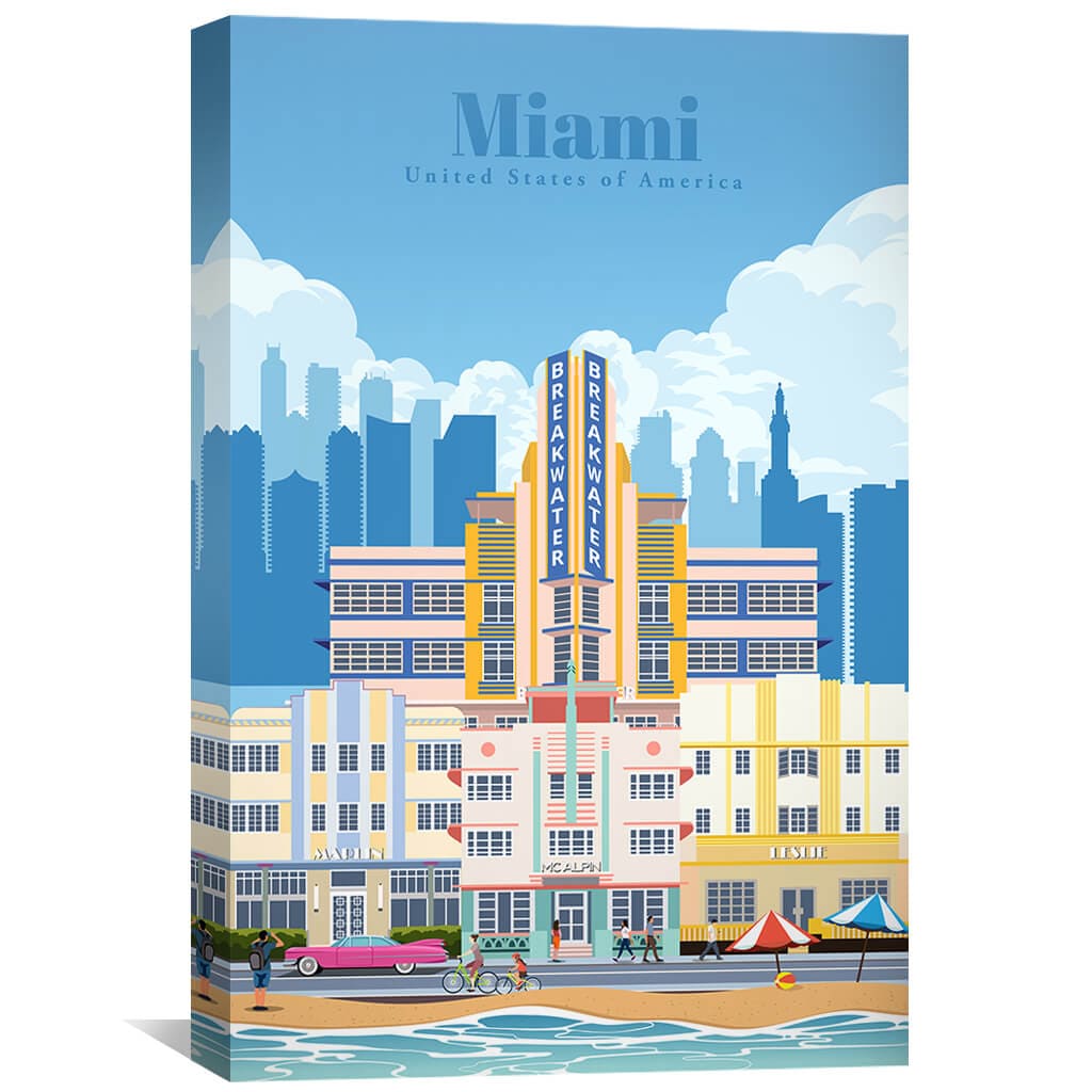 Vibrant Miami Beach Oil Painting - Art Deco Cityscape with Coastal Serenity