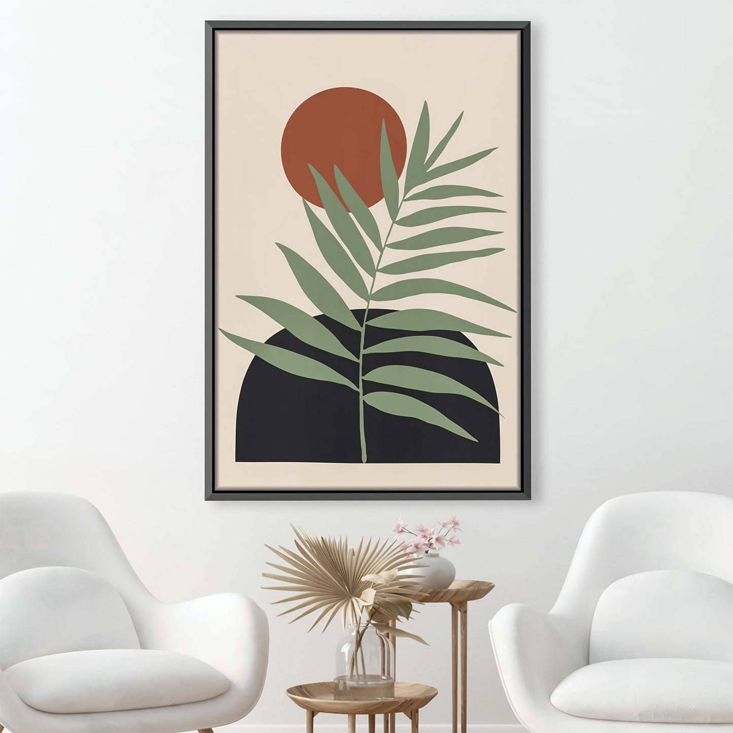Contemporary Floral Oil Painting with Green Leaves and Warm Sun Tone