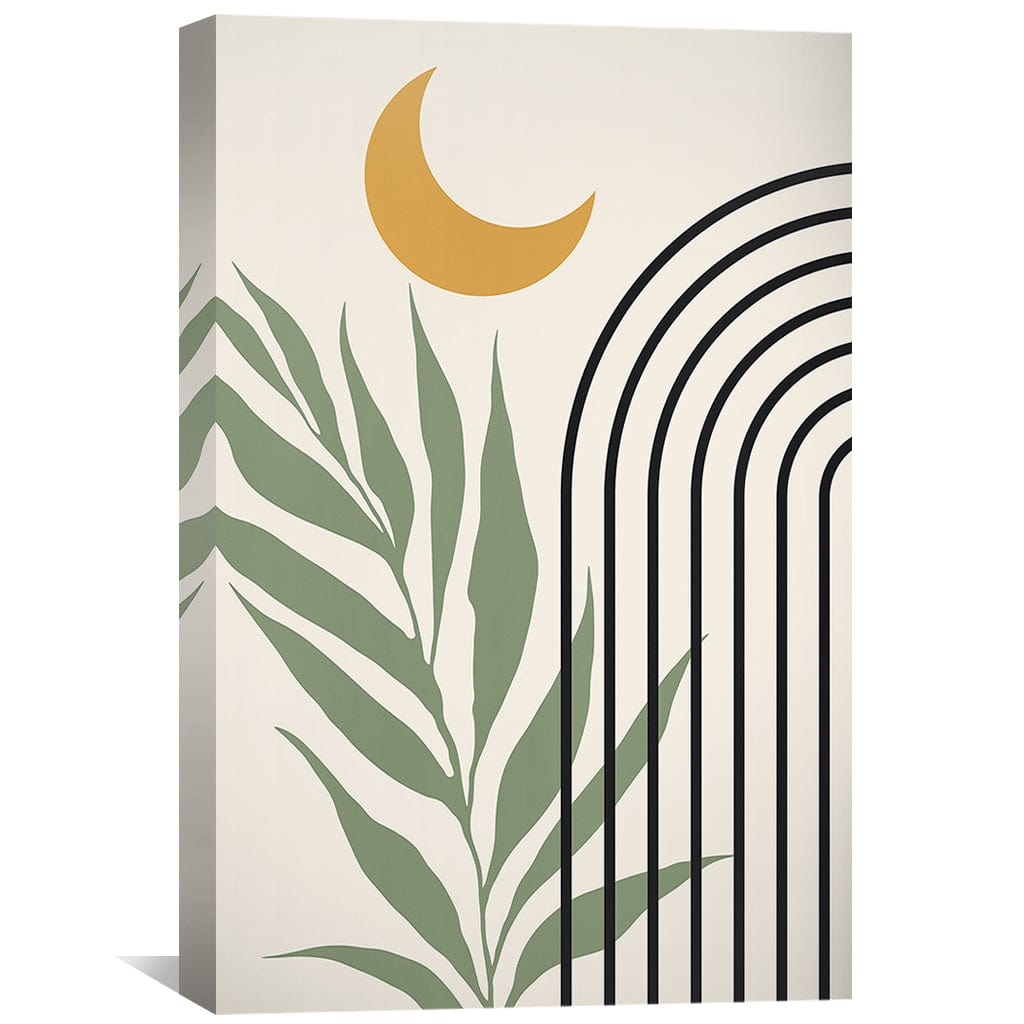 Modern Abstract Floral Canvas Art with Leaf Design and Sun Motif