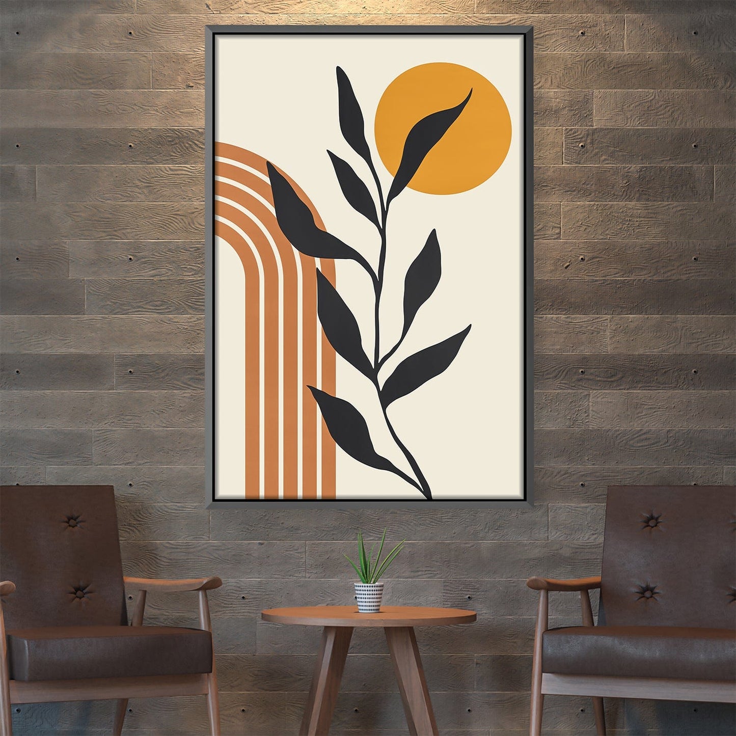 Modern Abstract Floral Oil Painting with Sun and Geometric Elements