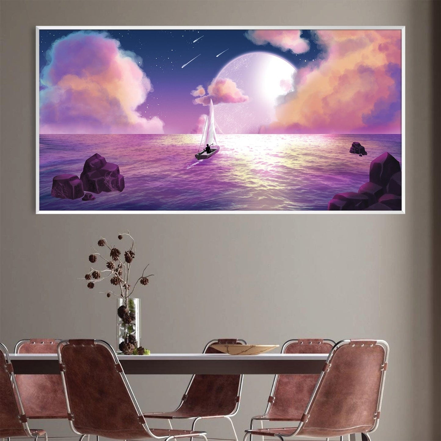 Serene Moonlit Sailing Scene - Dreamy Ocean Oil Painting for Modern Decor