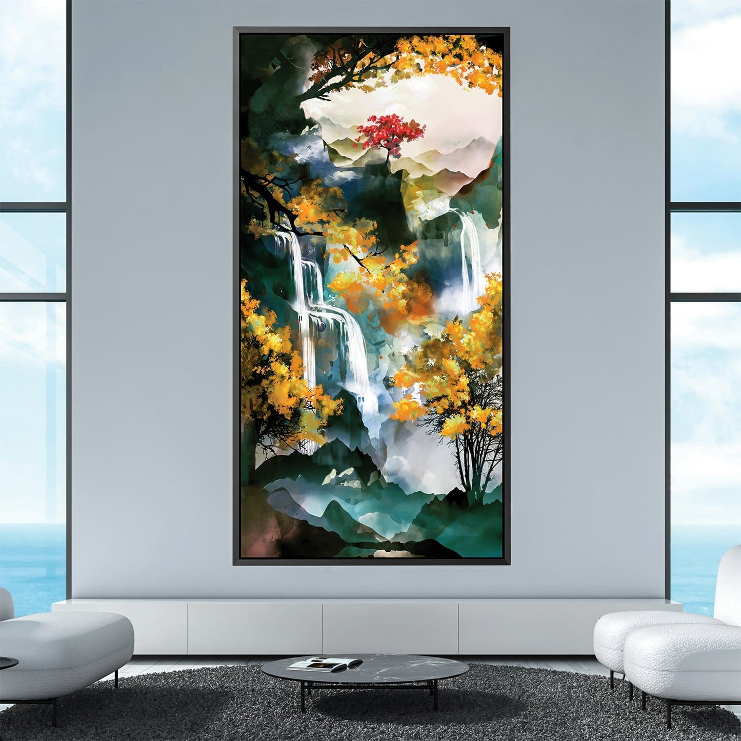 Enchanting Waterfall Landscape Oil Painting with Vibrant Autumn Colors