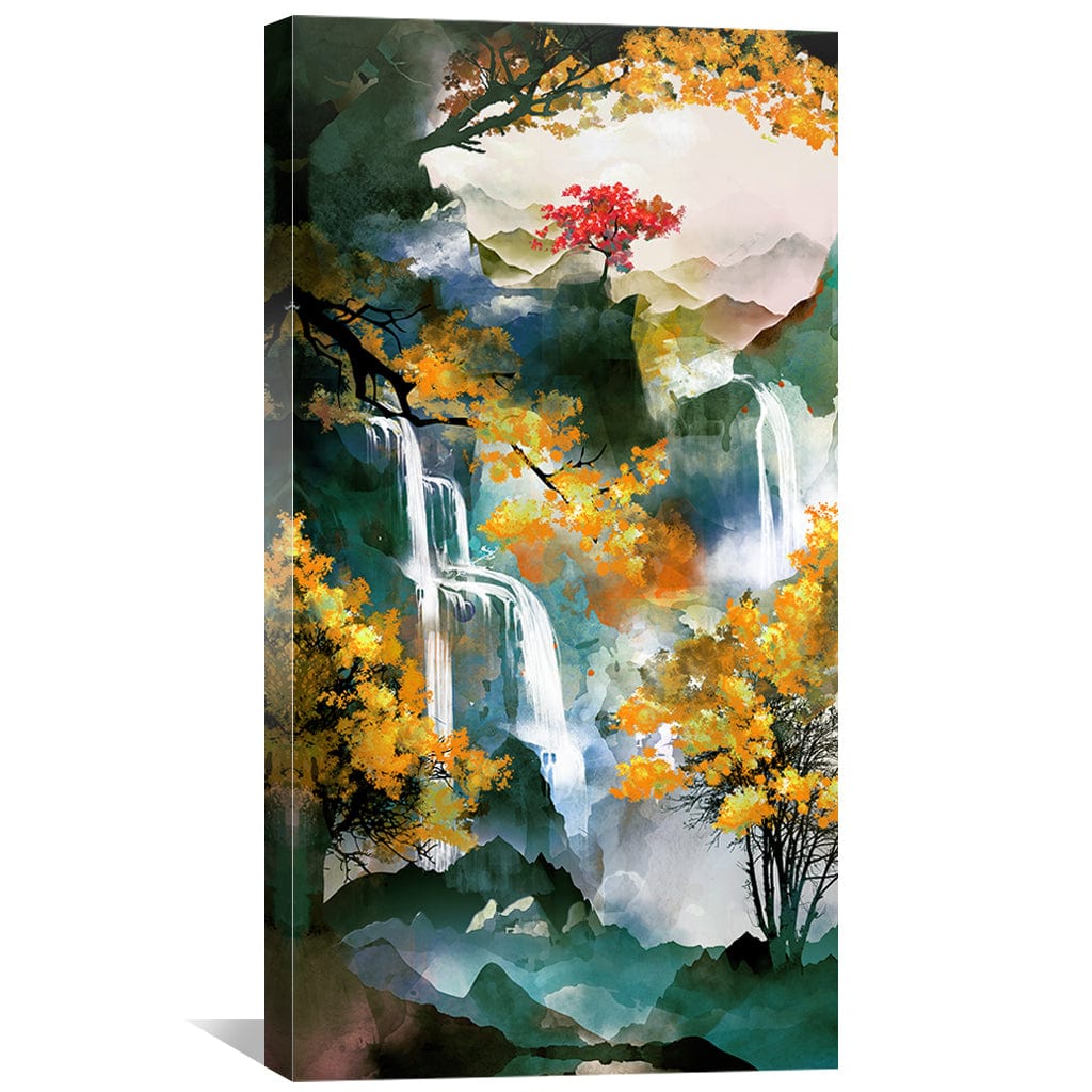 Enchanting Waterfall Landscape Oil Painting with Vibrant Autumn Colors