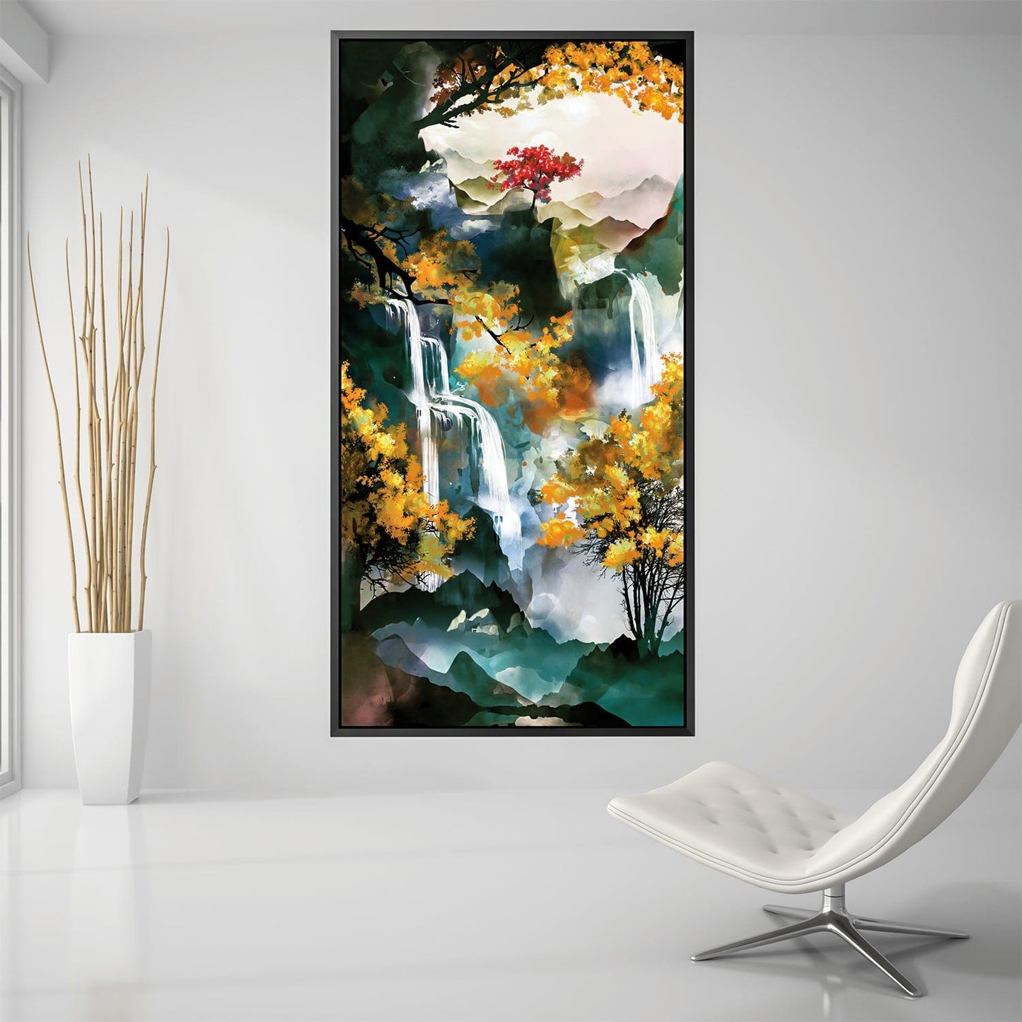 Enchanting Waterfall Landscape Oil Painting with Vibrant Autumn Colors