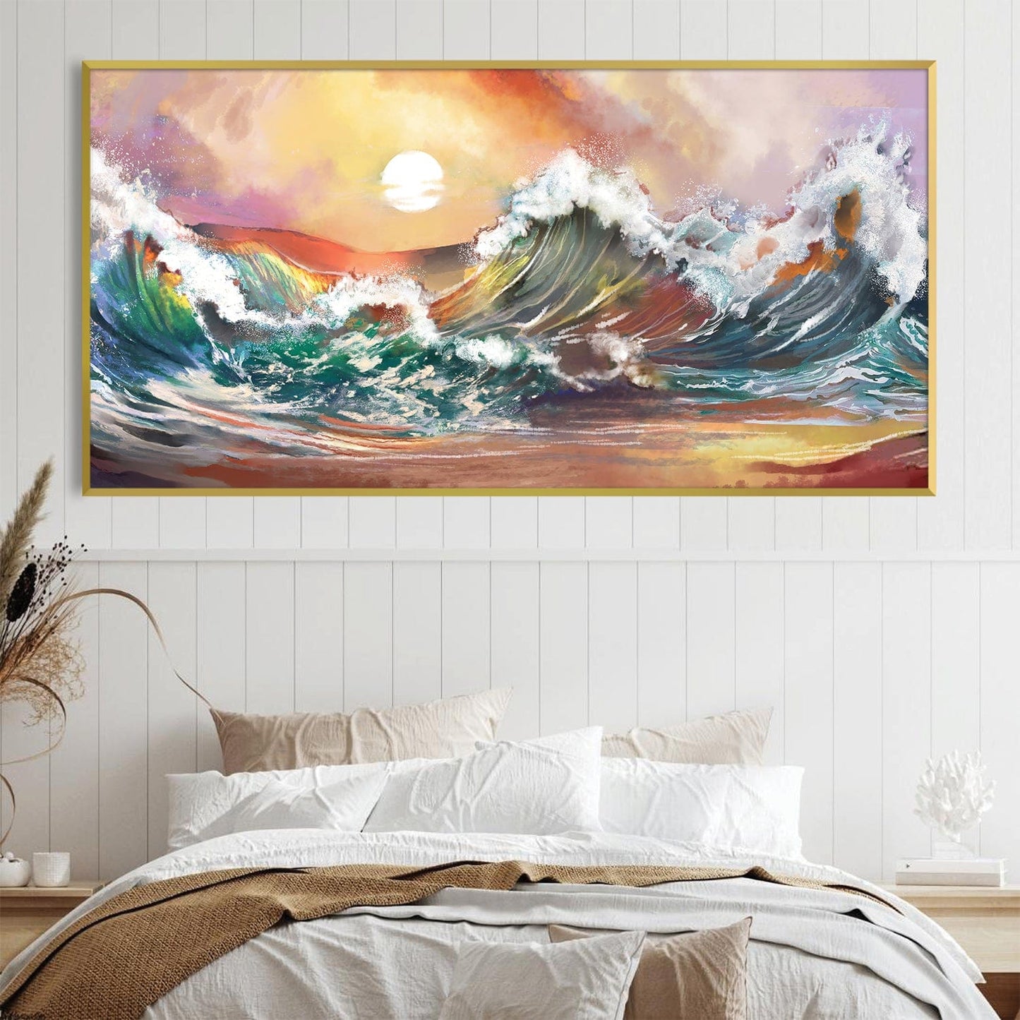 Vibrant Ocean Waves Sunset Oil Painting for Coastal Home Decor