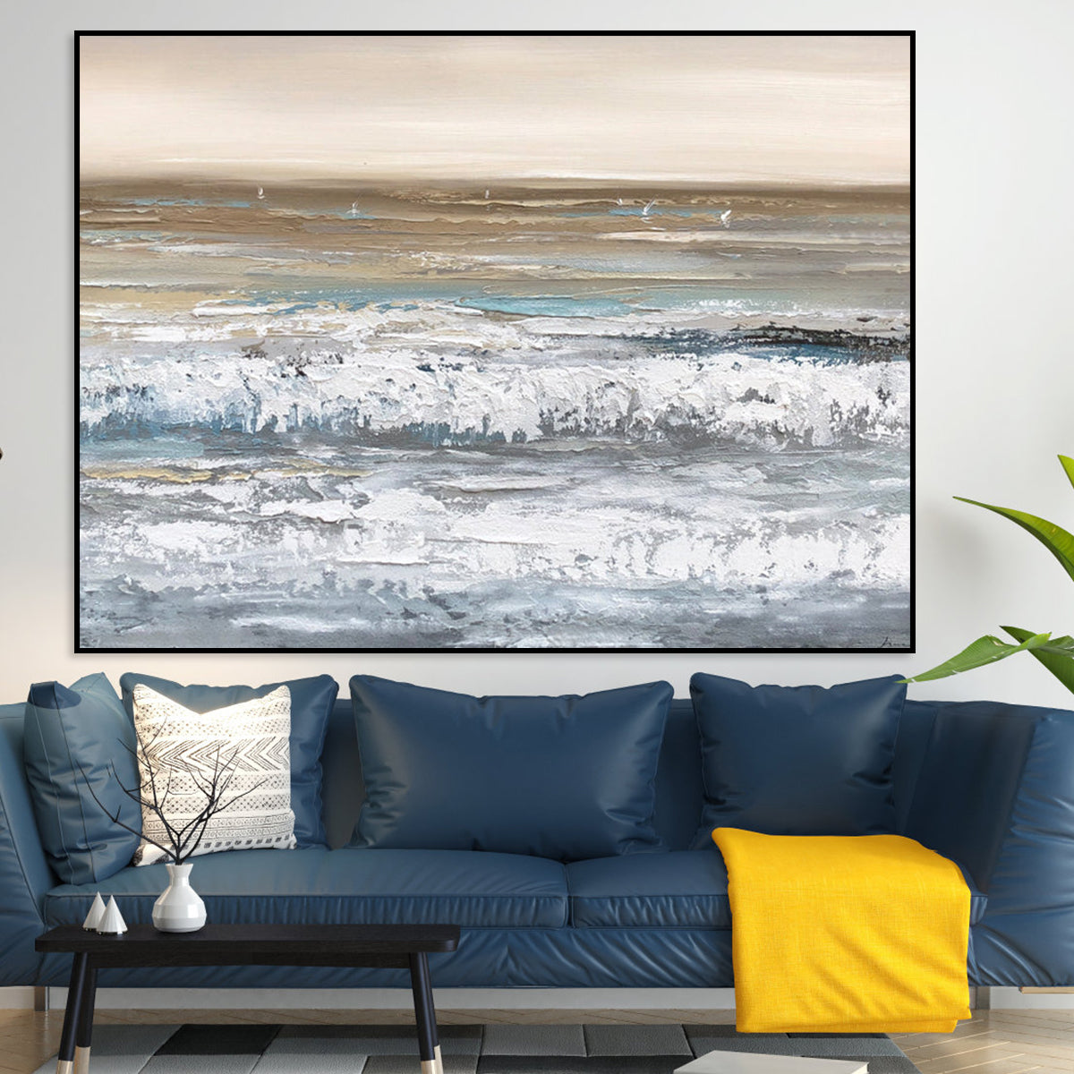 Serene Coastal Waves - Abstract Oil Painting for Tranquil Home Decor