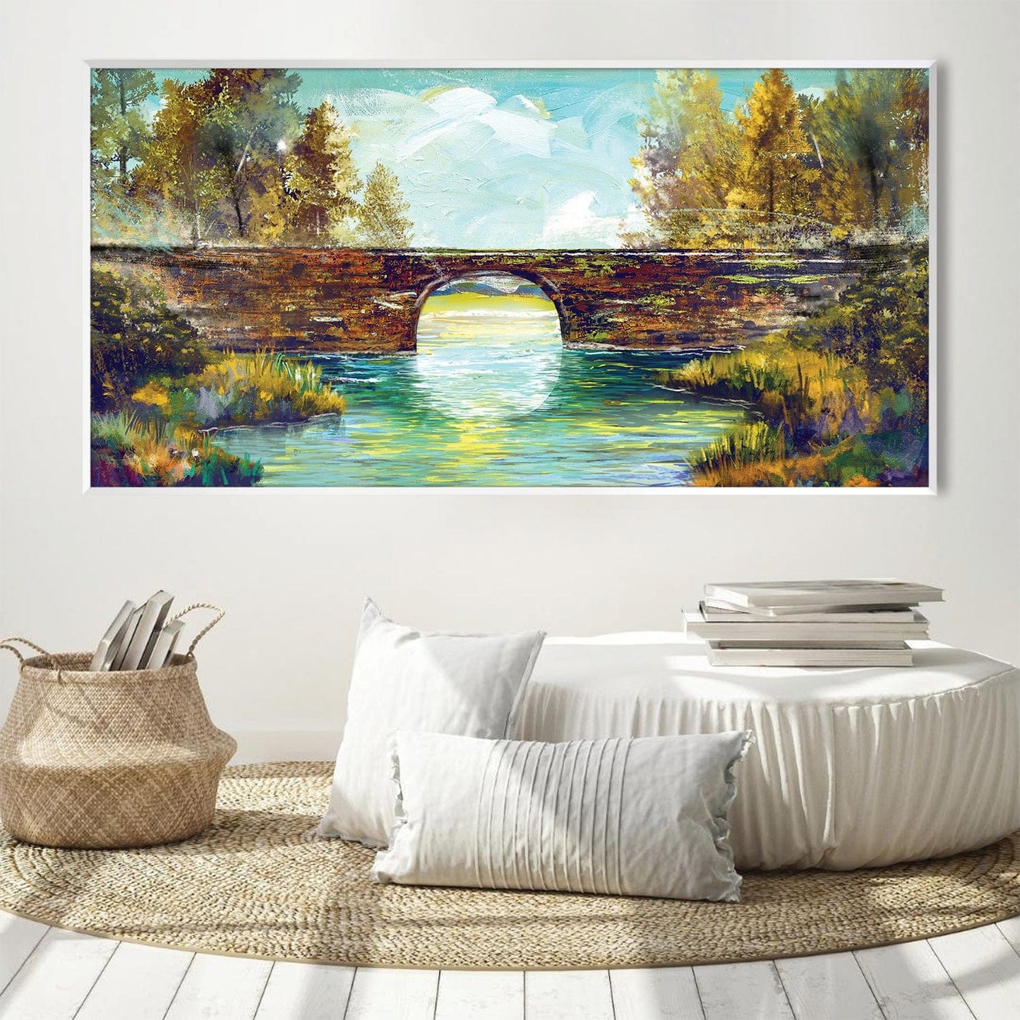 Serene Landscape Oil Painting with Bridge and Tranquil Waters