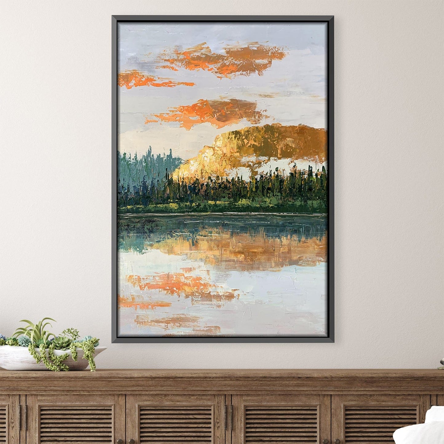 Serene Landscape Oil Painting with Vibrant Skies and Reflective Water