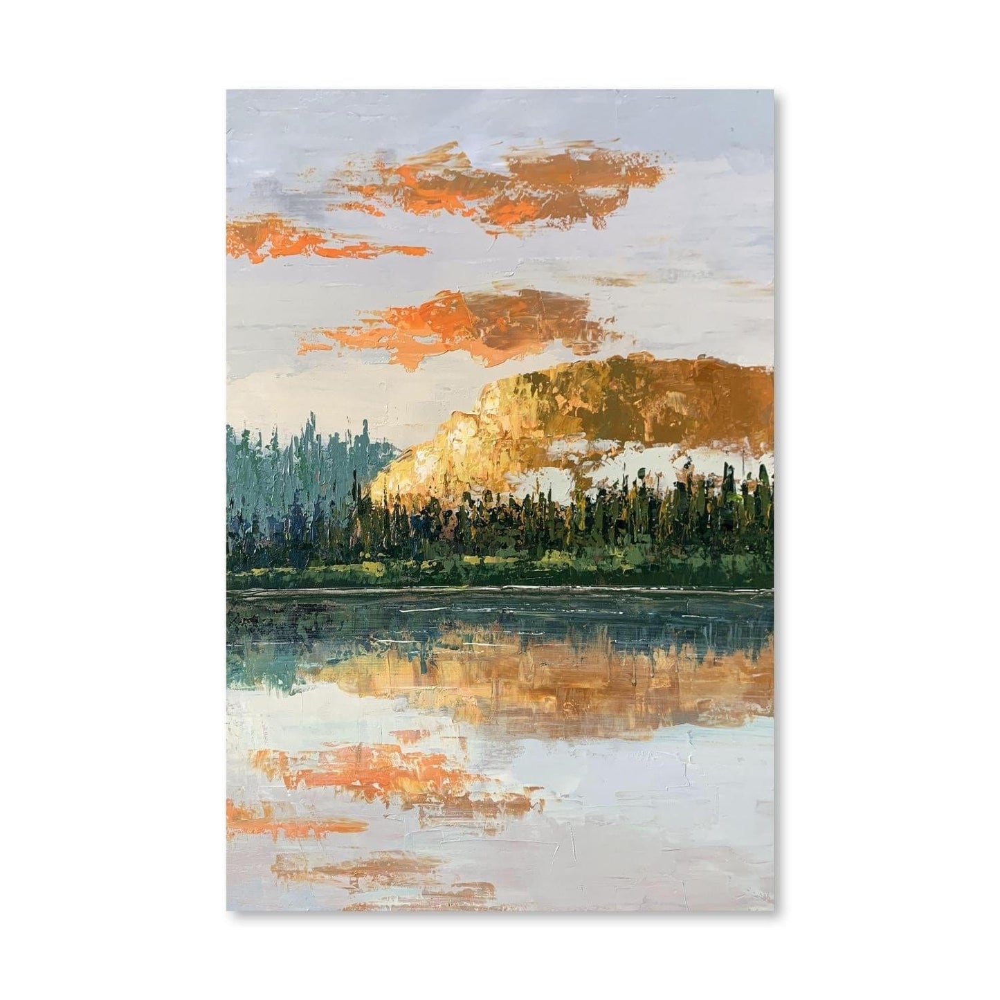 Serene Landscape Oil Painting with Vibrant Skies and Reflective Water