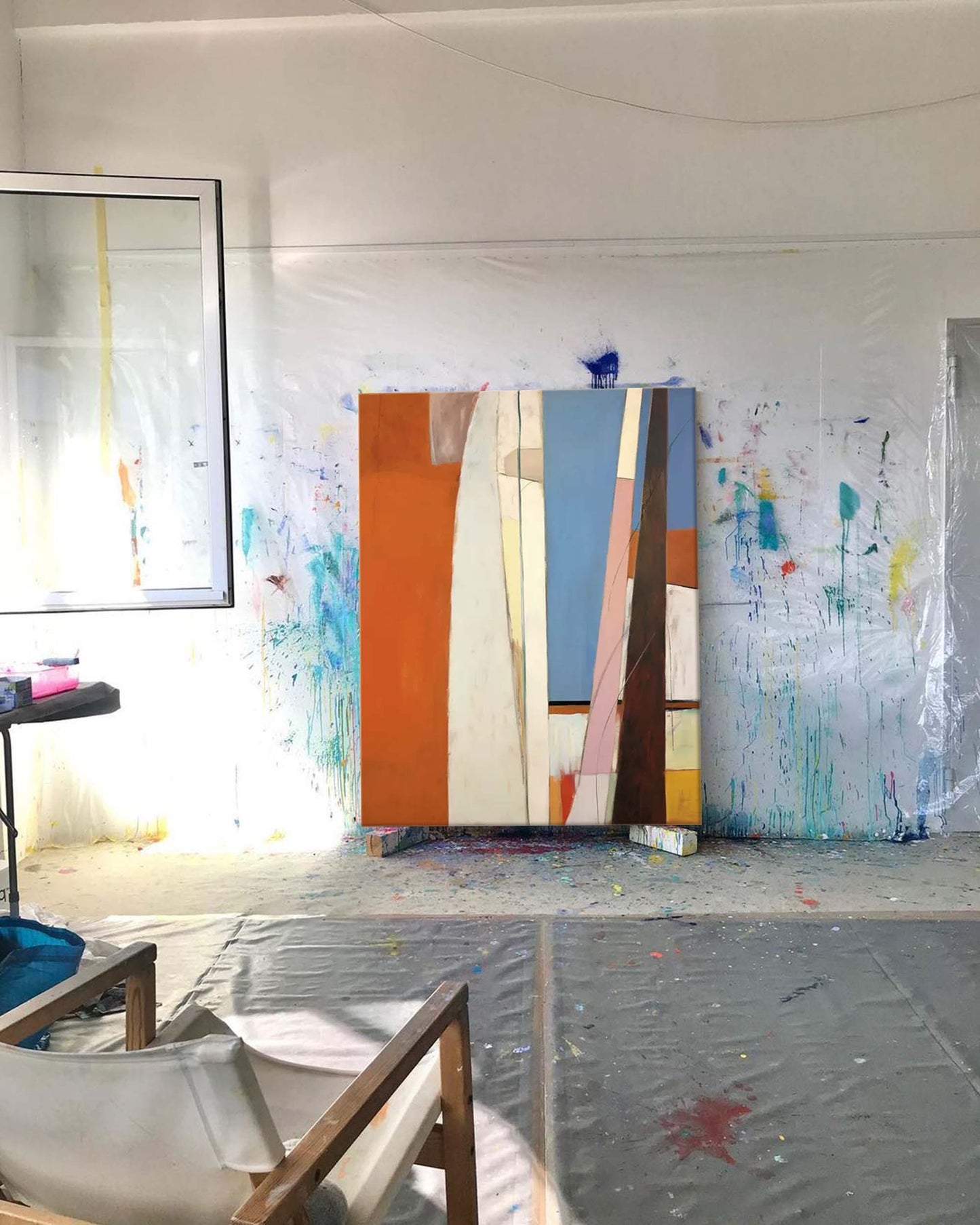 Modern Abstract Oil Painting with Vibrant Colors and Geometric Shapes