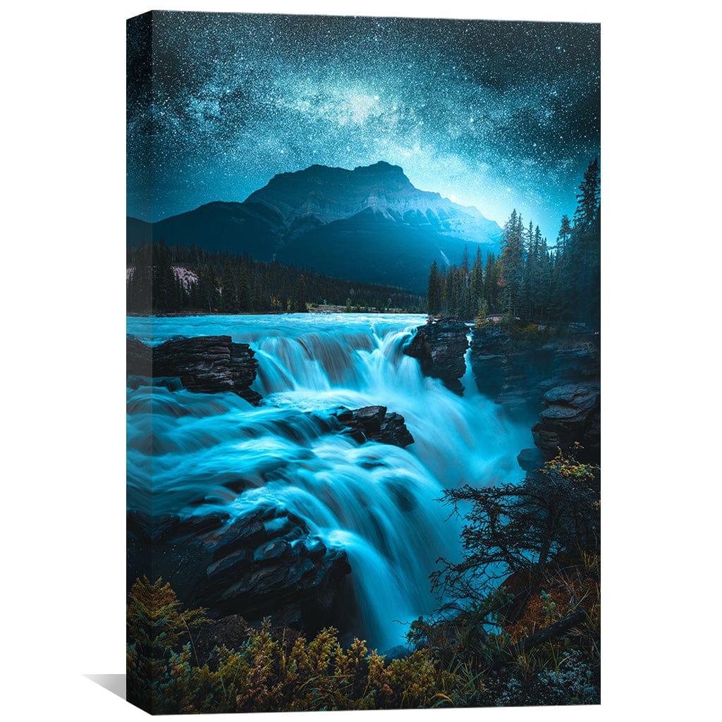Enchanting Nightfall Landscape with Starry Sky and Cascading Waterfalls