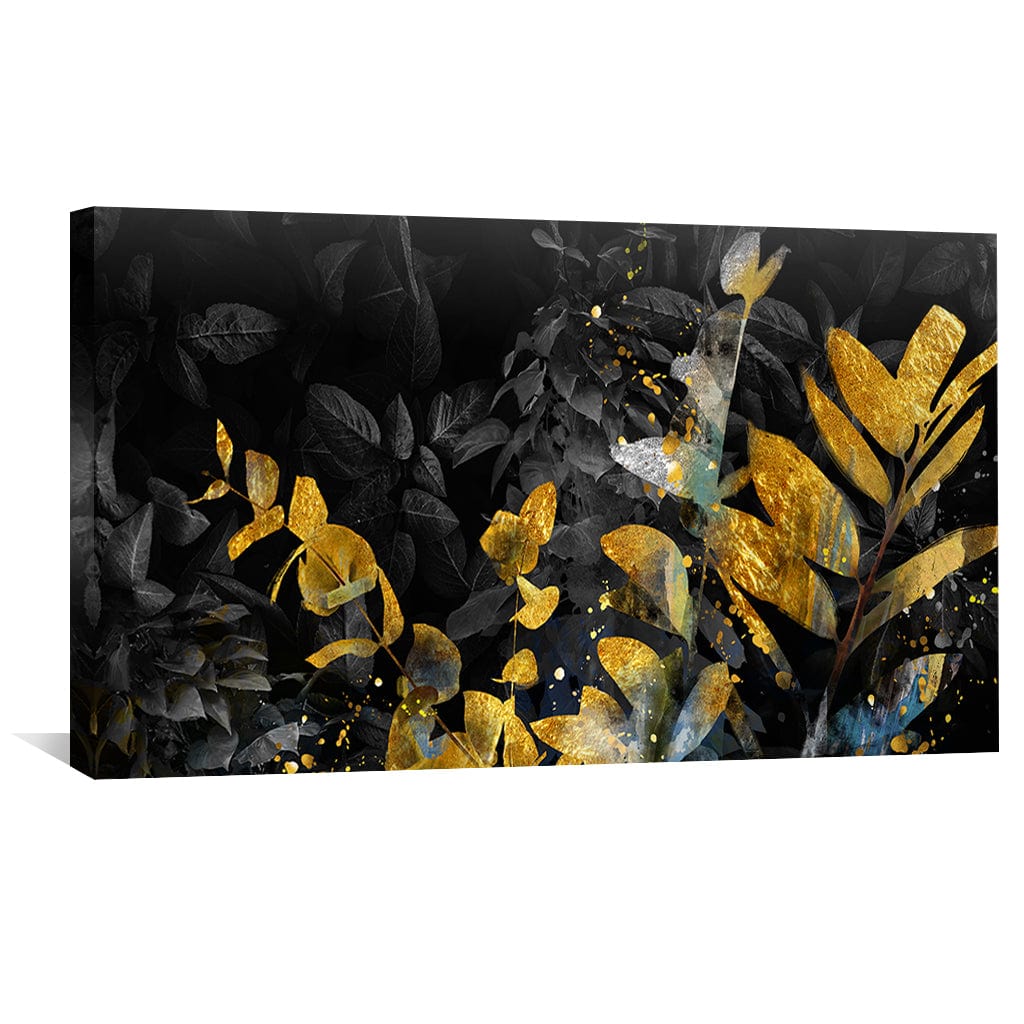 Elegant Noir Canvas with Gold Leaf Accents and Abstract Floral Design