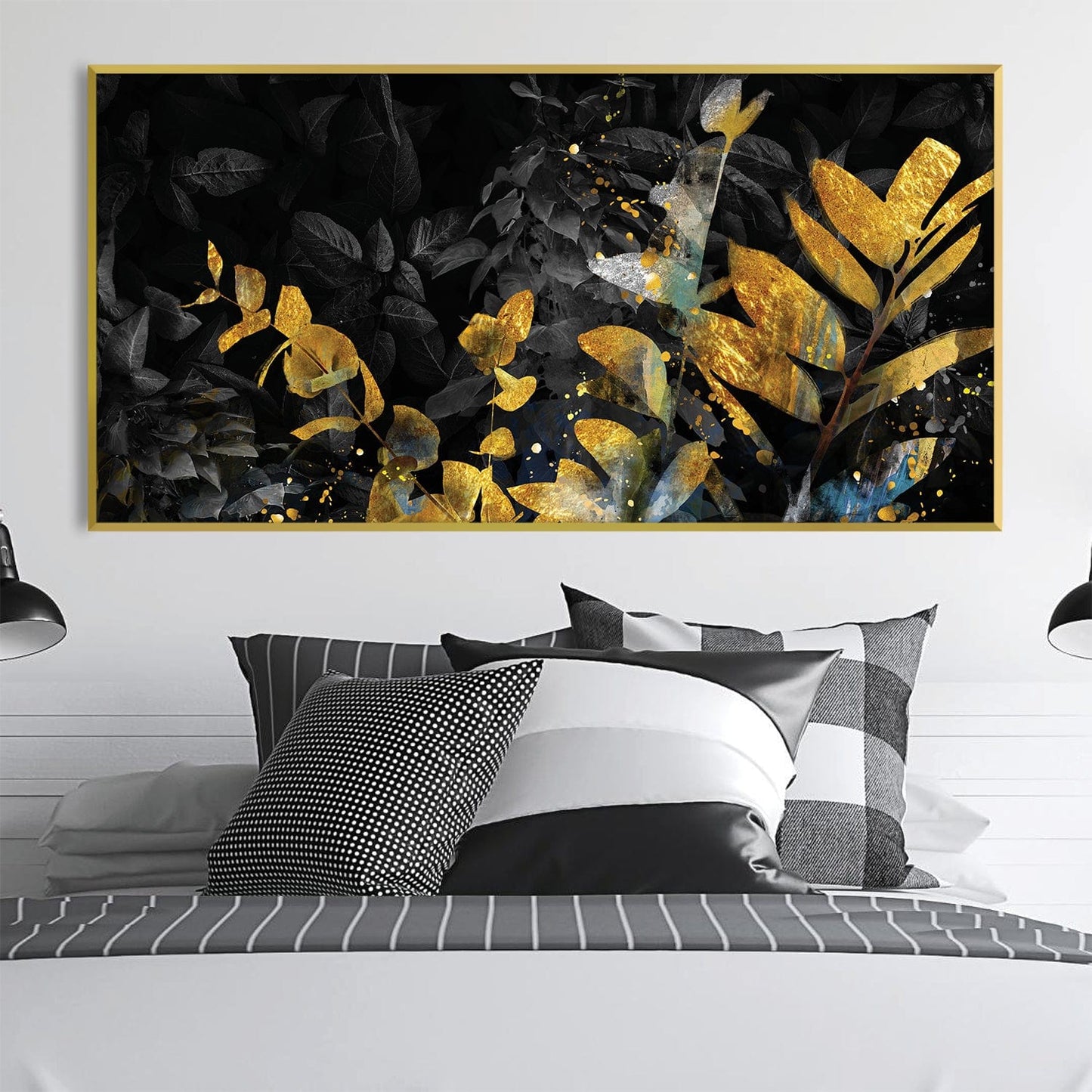 Elegant Noir Canvas with Gold Leaf Accents and Abstract Floral Design