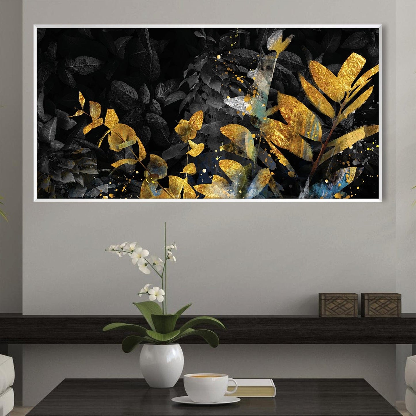 Elegant Noir Canvas with Gold Leaf Accents and Abstract Floral Design