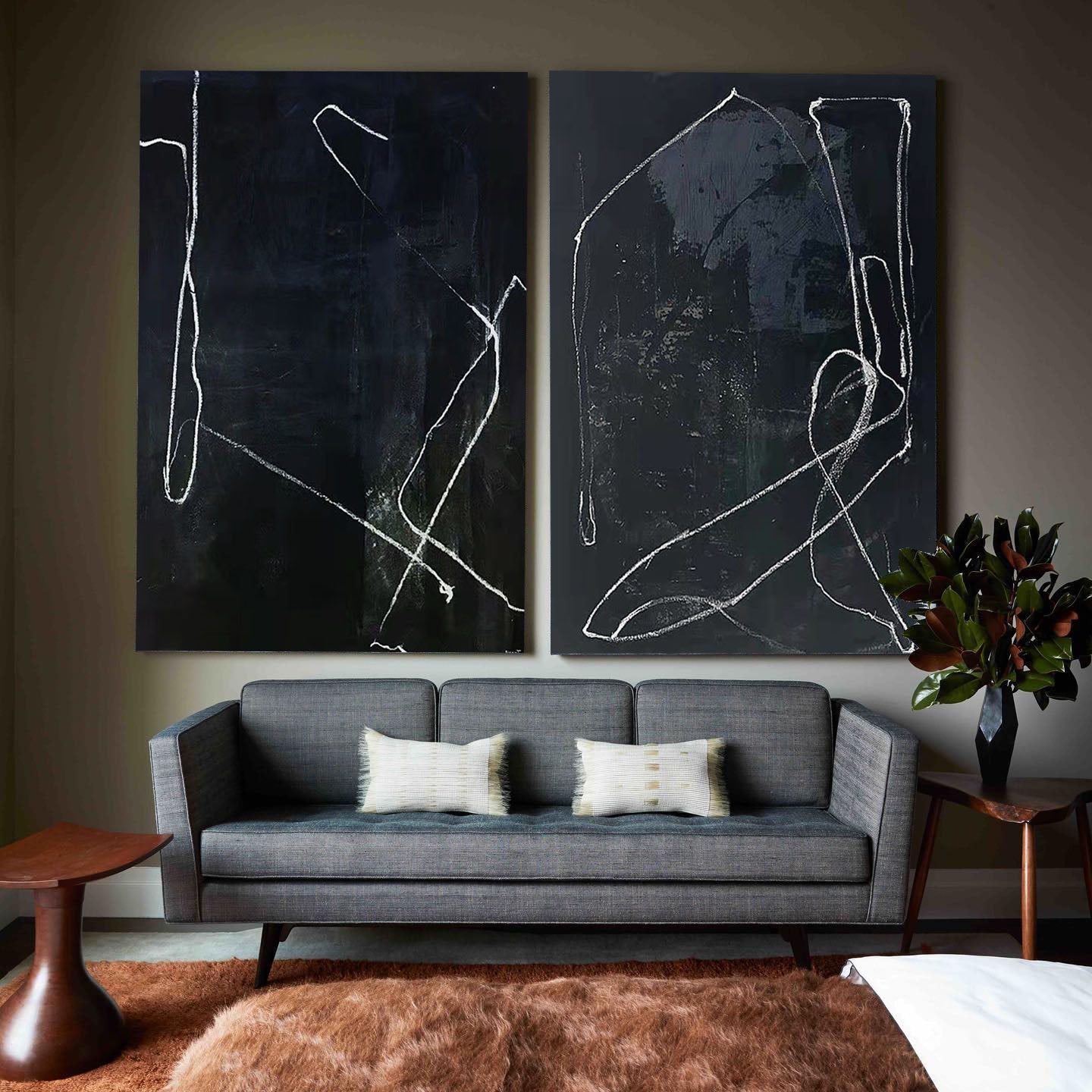 Elegant Black Abstract Oil Painting with Modern Minimalist Lines
