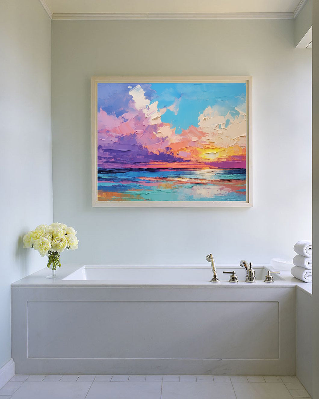 Vibrant Sunset Over Ocean - Colorful Oil Painting Canvas Art for Home Decor