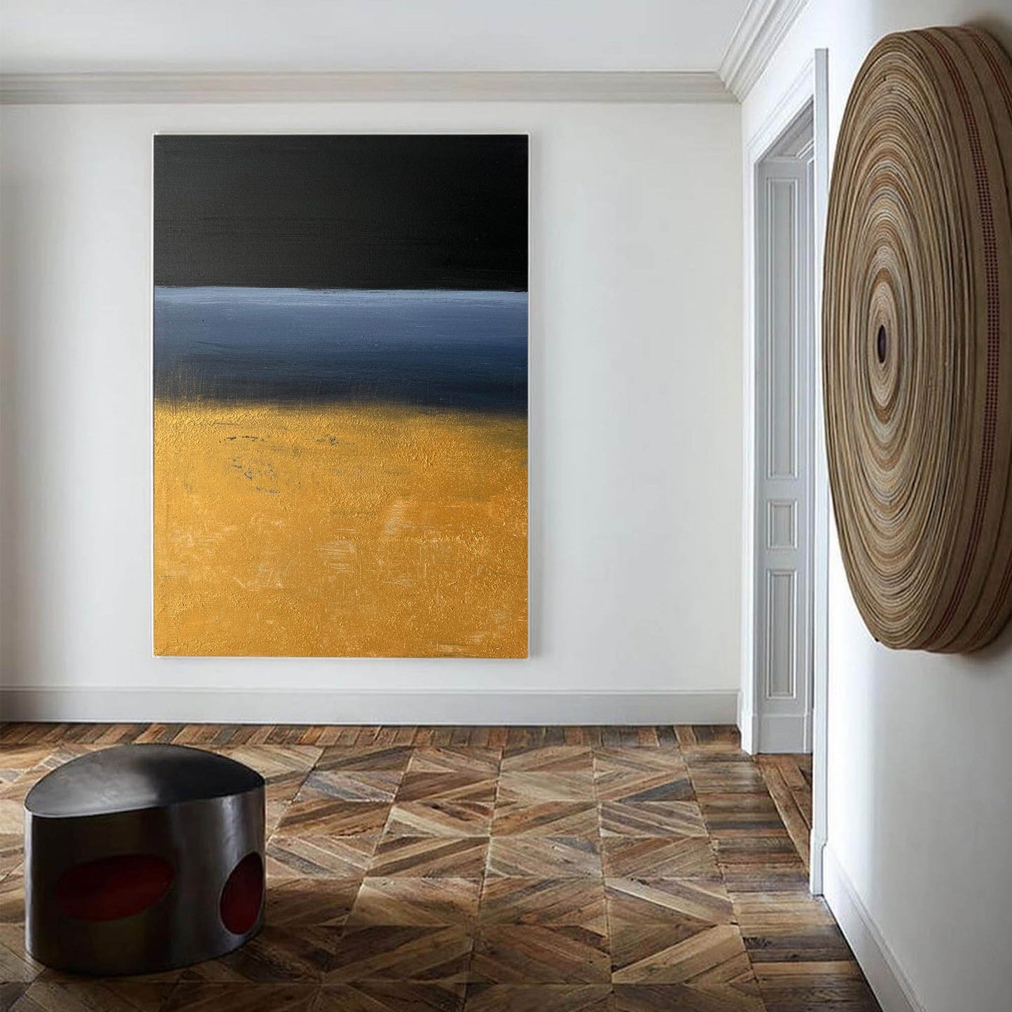 Contemporary Abstract Oil Painting with Bold Black and Gold Landscape