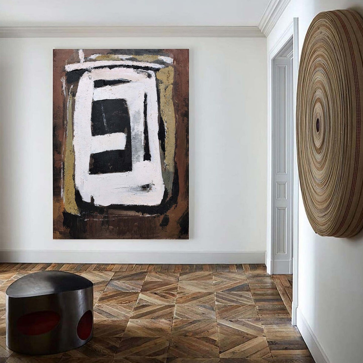 Contemporary Brown Abstract Oil Painting with Geometric Design for Modern Decor